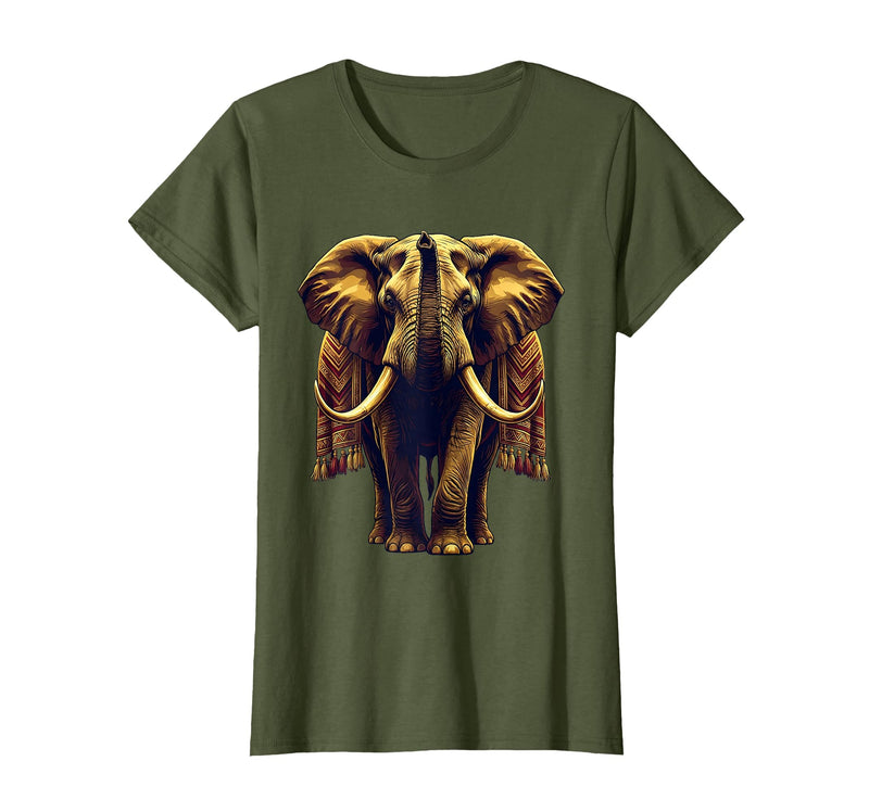 Mademark Ornate Parade Elephant Illustrated Graphic T-Shirt - Women - Olive Green