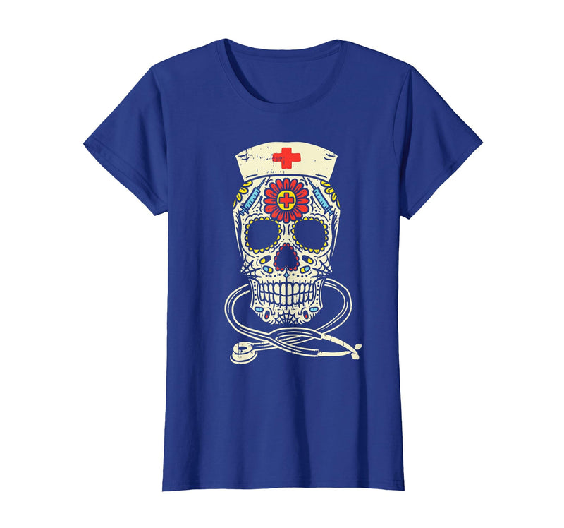 Halloween Nurse Shirts For Women Scrub Costumes Nurse Sugar Skull Stethoscope RN Medical Halloween Costume T-Shirt - Royal
