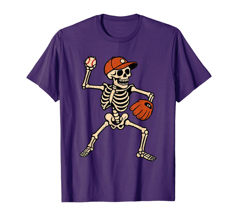 Funny Skeleton Baseball Tee Skeleton Baseball Halloween Costume Pitcher Sport Player T-Shirt - Purple
