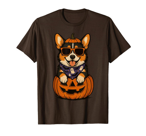Funny Retro Corgi mom Halloween Spooky Tri Color Corgi Pumpkin Halloween Dog Lover T-Shirt - Brown