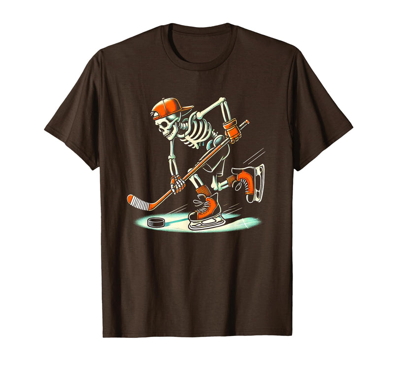Halloween Costume For Hockey Lovers Funny Skeleton Hockey Halloween for Ice Hockey Lovers T-Shirt - Brown