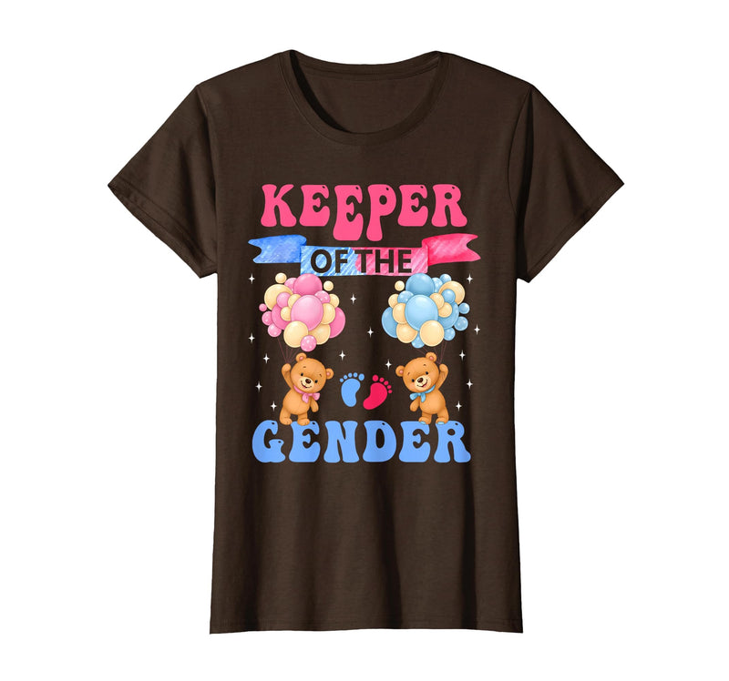 Funny Bear Blue Pink Gender Reveal Men Women Keeper of The Gender Reveal Cute Bear Balloons Pink Or Blue T-Shirt - Brown