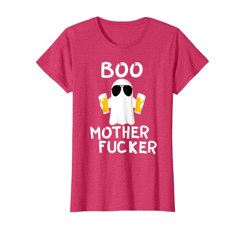 Vulgar Halloween Tee Shop Boo Motherfucker Funny Beer Drinking Ghost Adult Halloween T-Shirt - Red Heather