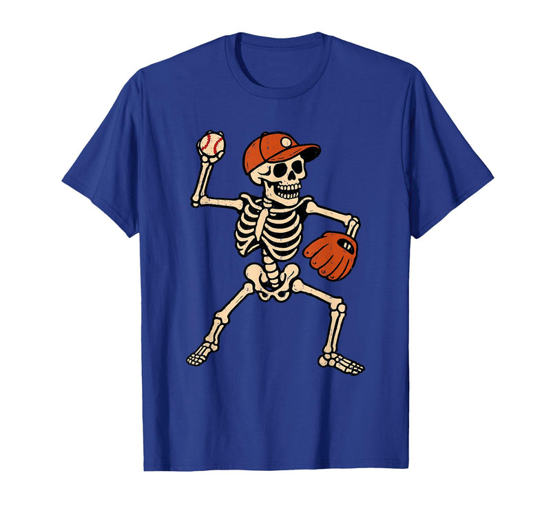 Funny Skeleton Baseball Tee Skeleton Baseball Halloween Costume Pitcher Sport Player T-Shirt - Royal Blue