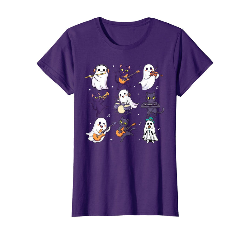 Halloween Music Teacher Ghost Music Lover Cute Ghost Cat Playing Musical Halloween Music Teacher T-Shirt - Purple