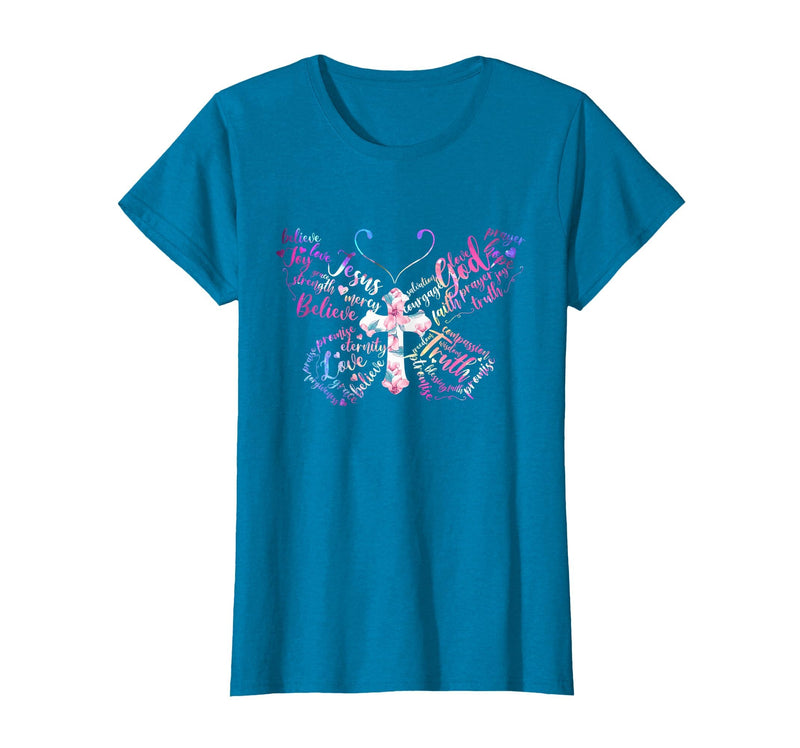Butterfly Prayer Graphic Jesus Christian Cross Butterfly Prayer Jesus Christian Cross Floral Pattern T-Shirt - Sapphire Blue