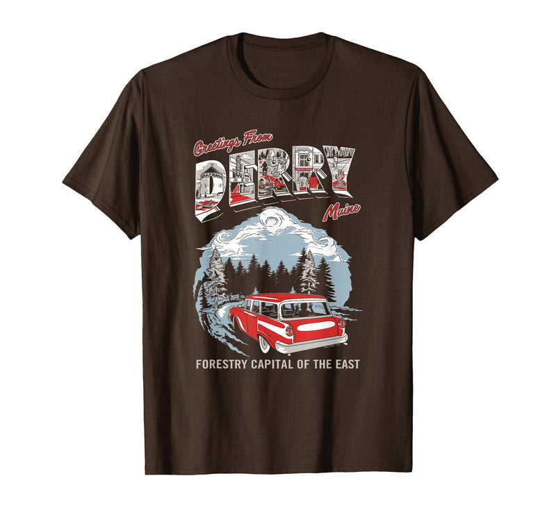 IT: Welcome to Derry Greetings Tourist Horror TV Show T-Shirt - Brown
