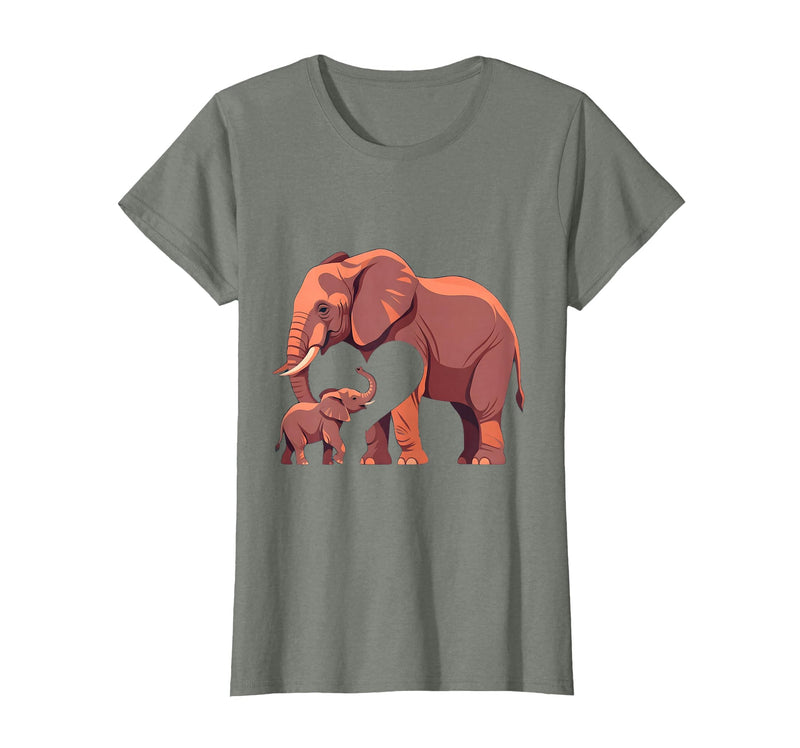 Mademark Elephant Mother and Calf Touching Trunks Design T-Shirt - Women - Olive Heather