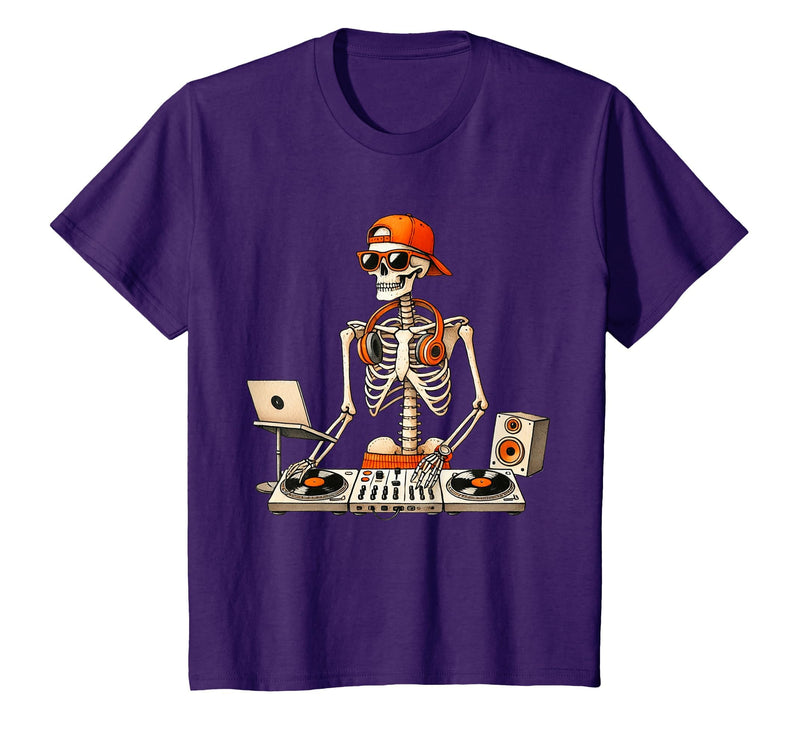 Funny Skeleton DJ Halloween Men Outfit Skeleton DJ Halloween Costume Turntable Music Funny Men Boys T-Shirt - Purple