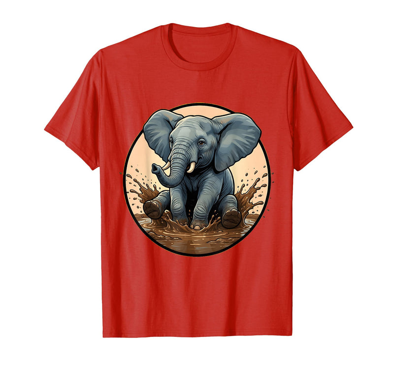 Mademark Baby Elephant Splashing in Muddy Puddle T-Shirt - Men - Red