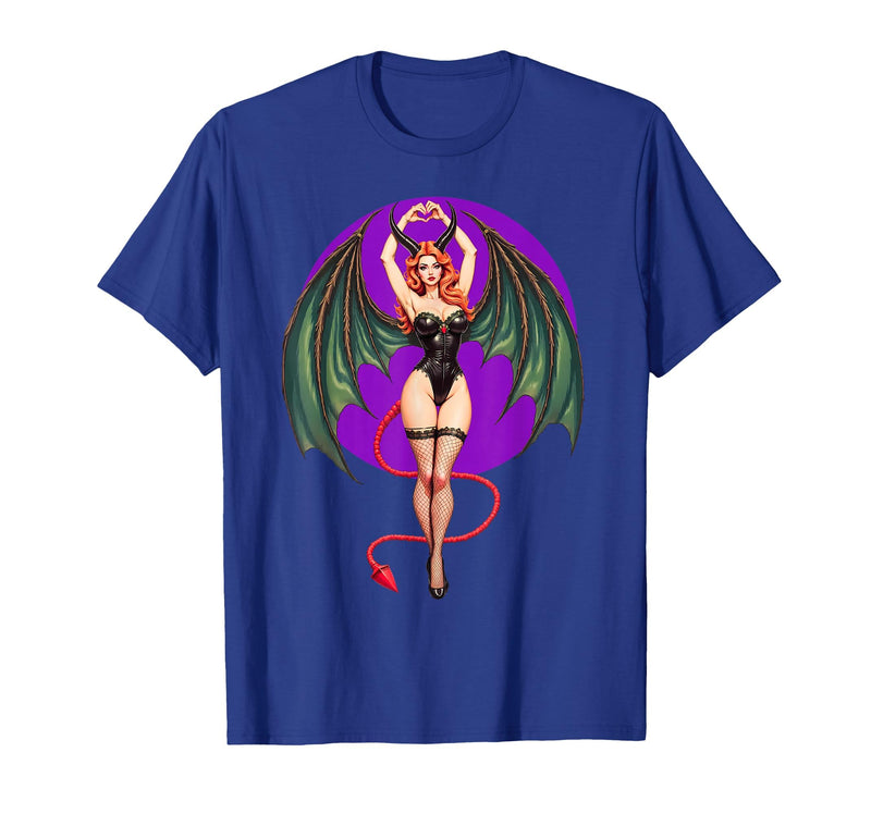 Classic Vintage Pin-Up Sexy Girl by YUX Sexy Succubus Monster Halloween Hand Heart Pin-Up Girl Devil T-Shirt - Royal Blue