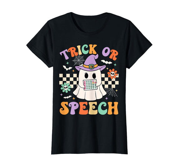 Halloween Trick or Speech Spooky Ghost SLP Design Trick or Speech Halloween SLP Retro Speech Therapy Halloween T-Shirt -