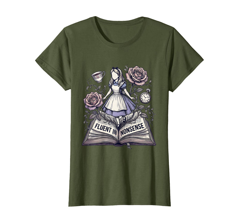 Mademark Fluent In Nonsense Alice in Wonderland Design T-Shirt - Olive Green