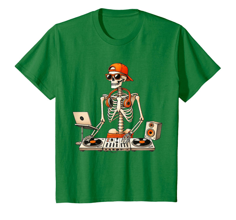 Funny Skeleton DJ Halloween Men Outfit Skeleton DJ Halloween Costume Turntable Music Funny Men Boys T-Shirt - Kelly Green