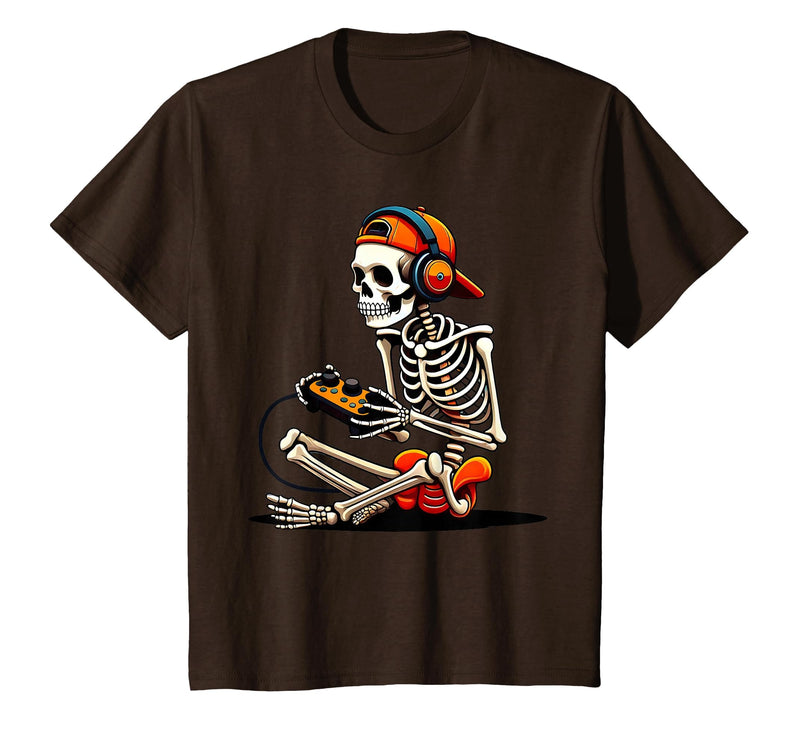 halloween skeleton shirts for teen boys men kids Halloween Skeleton Gamer Video Gaming Funny Gaming Skeleton T-Shirt - Brown