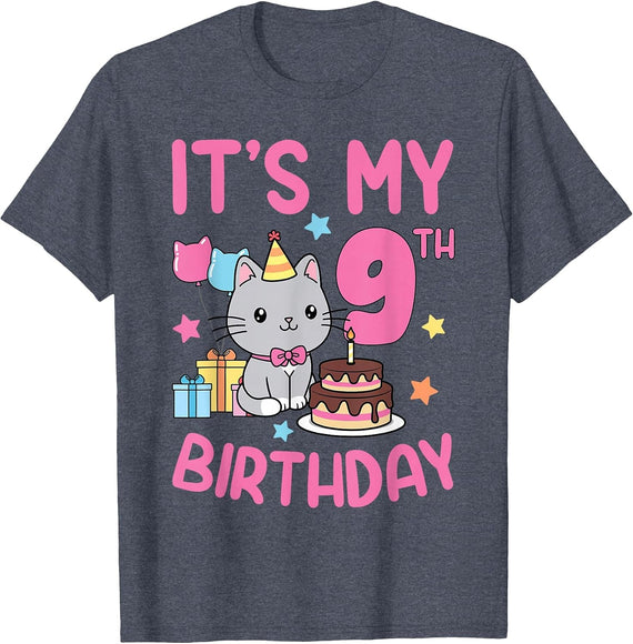 9 Years Old Kids Girls Boys It's My 9th Birthday Kawaii Cat T-Shirt - Heather Blue