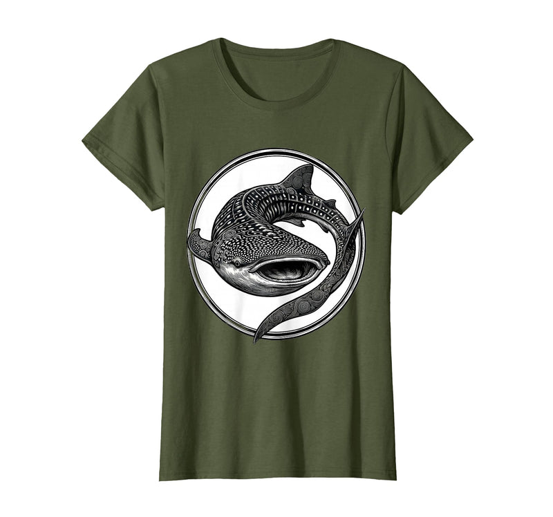 Mademark Whale Shark Swirling Tattoo Art Design T-Shirt - Olive Green
