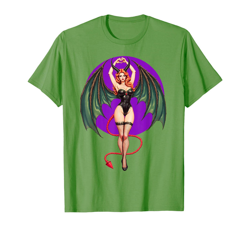 Classic Vintage Pin-Up Sexy Girl by YUX Sexy Succubus Monster Halloween Hand Heart Pin-Up Girl Devil T-Shirt - Grass Green