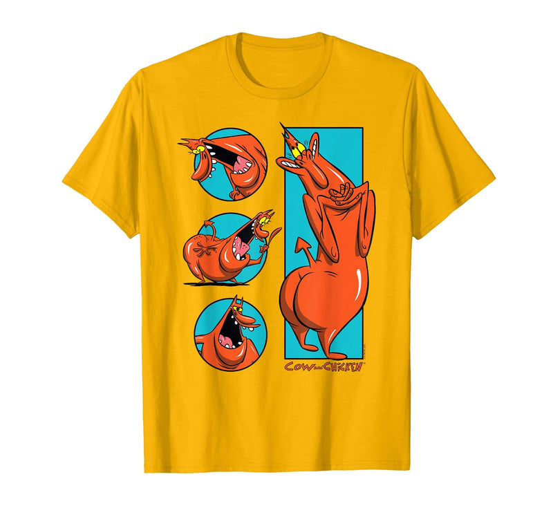 Cow and Chicken Red Guy Poses Collage Cartoon T-Shirt - Golden Yellow