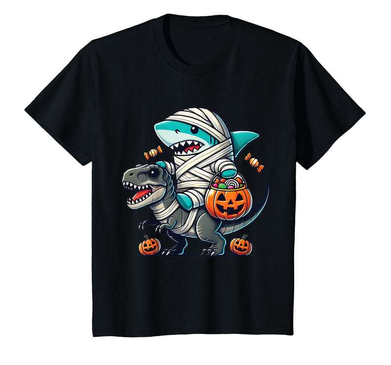 Funny Shark Dinosaur Halloween Kids Boys Tees Shark Riding Dinosaur T-rex Funny Halloween Pumpkin Boys Kid T-Shirt - Black
