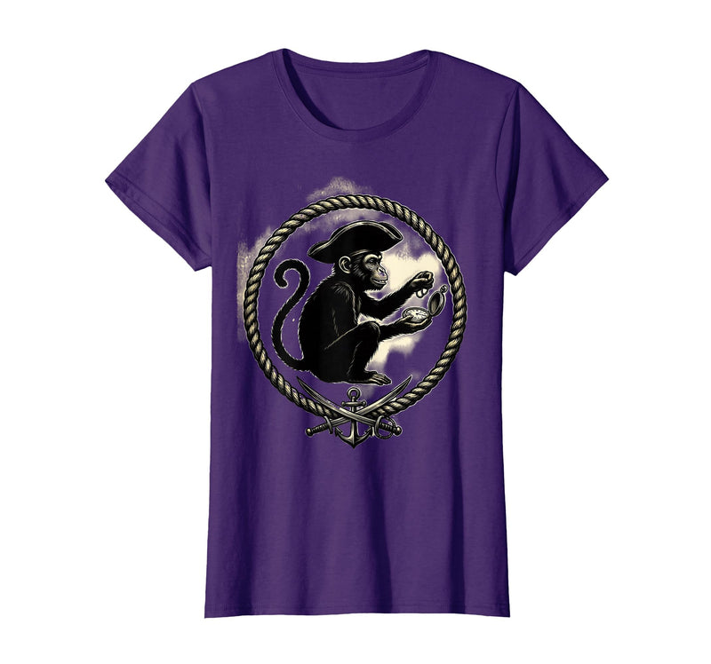 Mademark Pirate Monkey with Stolen Pocket Watch Design T-Shirt - Women - Purple