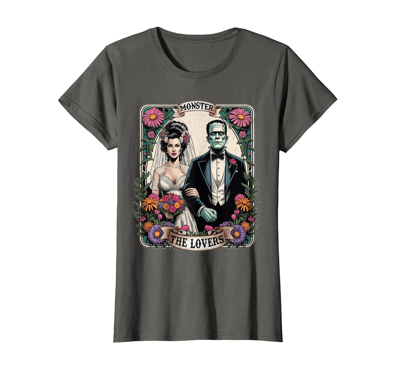 The Lovers Tarot Card Spooky Halloween Women Men The Monster Frankenstein and Bride The Lovers Tarot Card T-Shirt - Asphalt