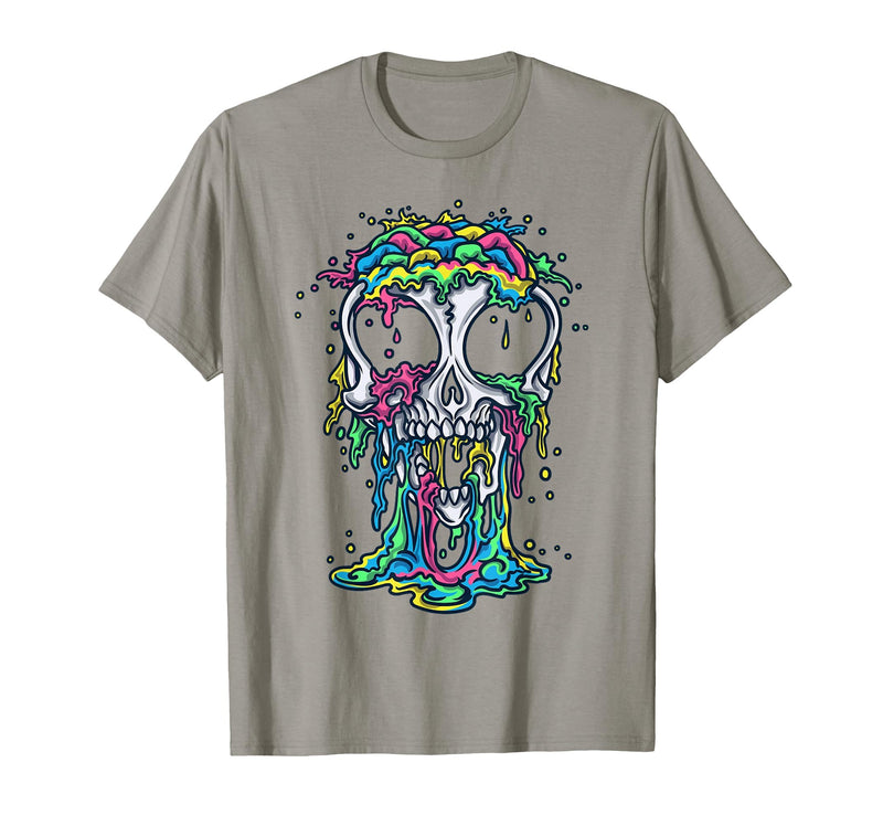 Skull & Halloween Designs for Bikers and Rockers Melting Skull Halloween Colorful Paint Drip Graphic T-Shirt - Slate Grey