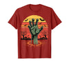 Creepy Undead Zombie Hand Retro Sunset Scary Zombie Hand Retro Sunset Halloween Horror Tee T-Shirt - Cranberry Red