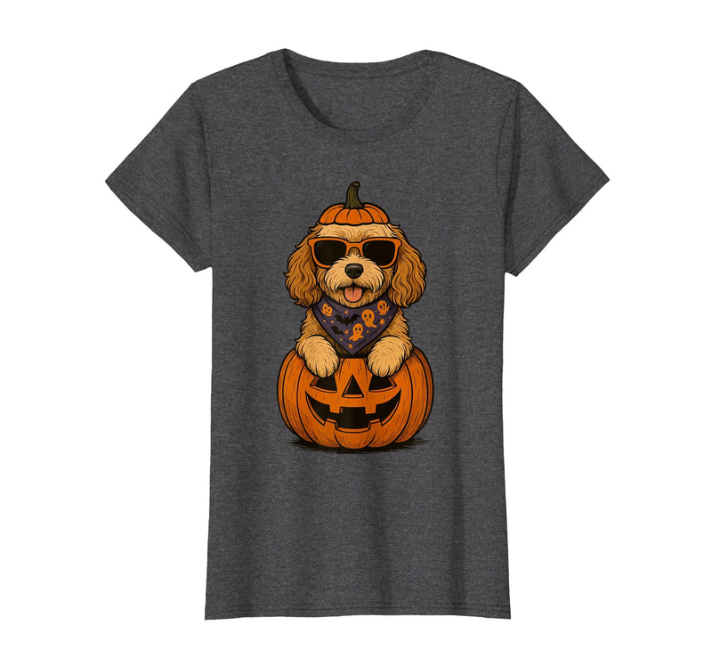 Funny Retro Maltipoo mom Halloween Spooky Cavapoo Pumpkin Halloween Doodle Dog Lover T-Shirt - Dark Heather Grey