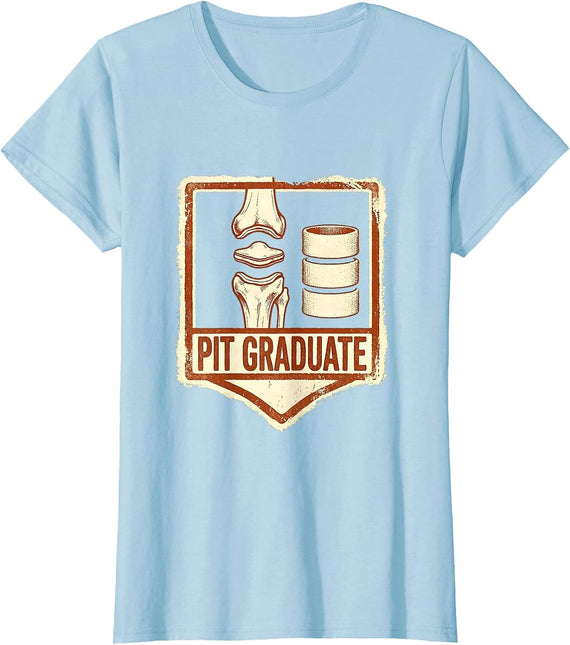 Women's Pit Graduate Rubber Stamp Funny Concert Skeleton Humor T-Shirt - Baby Blue