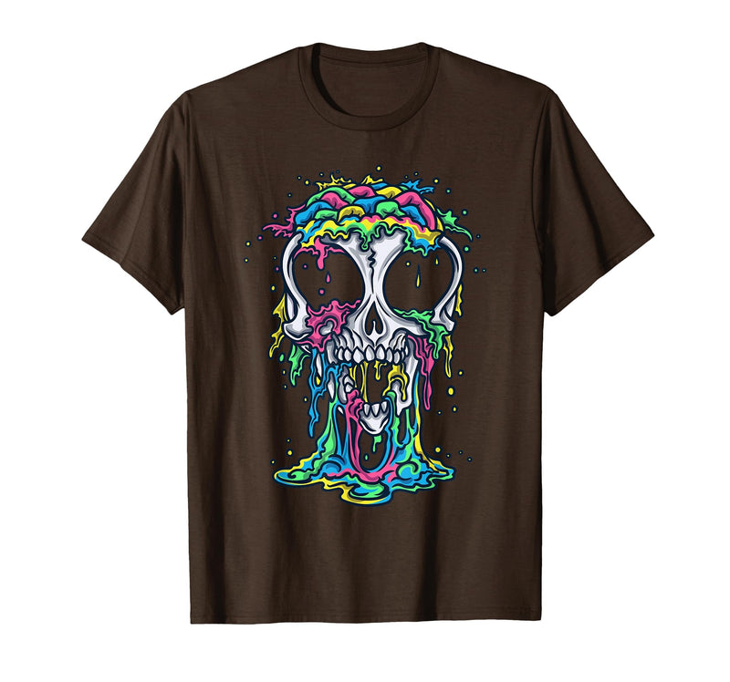Skull & Halloween Designs for Bikers and Rockers Melting Skull Halloween Colorful Paint Drip Graphic T-Shirt - Brown