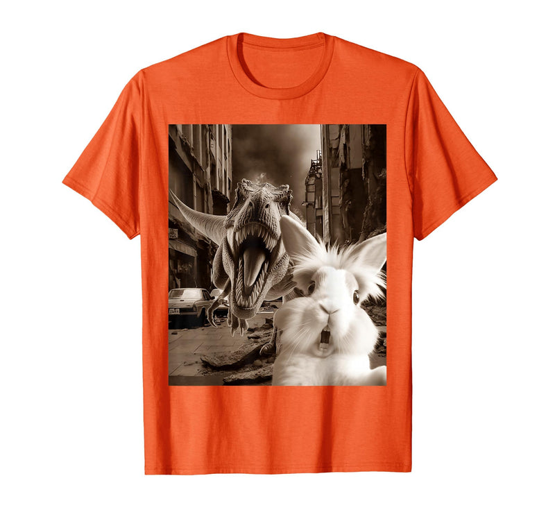 Funny Bunny Rabbit Selfie with T-Rex Tyrannosaurus Dinosaur T-Shirt in Orange
