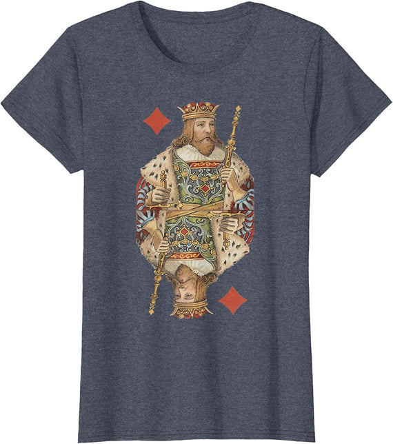 King of Diamonds Antique Art Nouveau Playing Card Art T-Shirt, Women, Heather Blue, X-Small - As Pictured