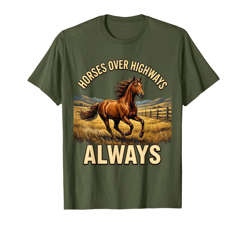 Mademark Horses Over Highways Always Equestrian Design T-Shirt - Men - Olive Green