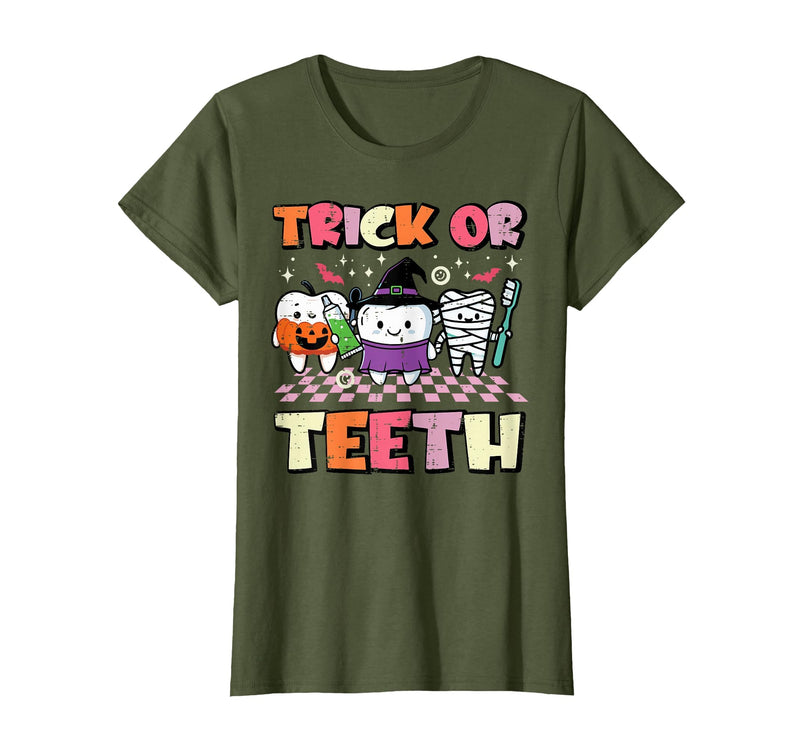 Halloween Shirts For Women Men Kids Boys Girls Halloween Dentist Trick Or Teeth Dental Costume Men Women T-Shirt - Olive
