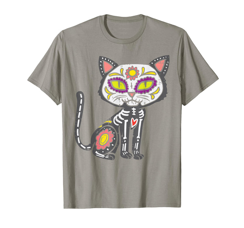 Halloween Cat Shirts For Women Men Kids Owner Sugar Skull Cat Dia De Muertos Day of Dead Halloween Mexican T-Shirt - Slate