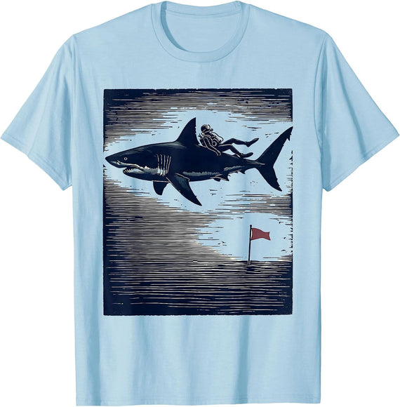 Men's Shark Silhouette Scuba Diver Linocut Humor Gift T-Shirt - Baby Blue
