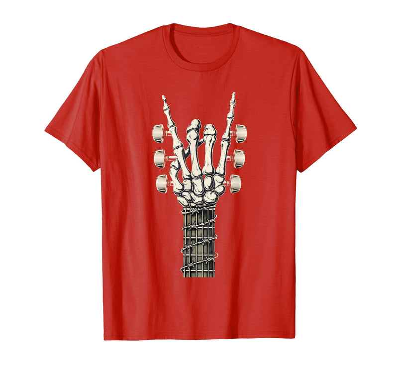 Rock and Wear Gifts Men Women Kids Skeleton Guitar Hand Rock On Guitarist Rock Band Music T-Shirt - Red