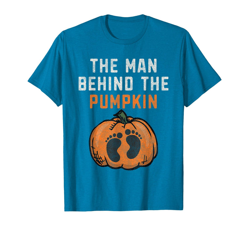 Halloween Pregnancy Announcement for Future Dad The Man Behind The Pumpkin Dad Halloween Pregnancy Reveal T-Shirt - Sapphire