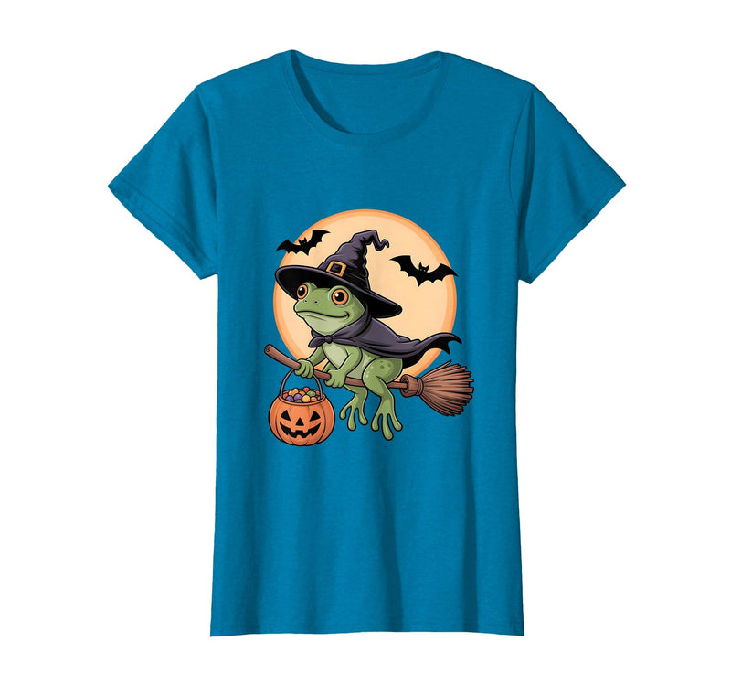 Frog Lover Halloween Party Wear Frog Witch Hat Pumpkin Halloween Costume Men Women Kids T-Shirt - Sapphire Blue
