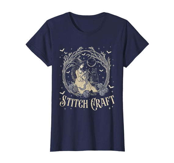Witch Black Cat Halloween Witches Crochet Womens Stitch Craft Salem Witch Halloween Cat Witch Girls Trip T-Shirt - Navy Blue