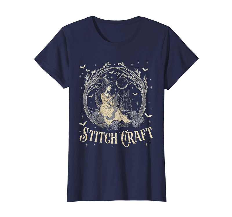 Witch Black Cat Halloween Witches Crochet Womens Stitch Craft Salem Witch Halloween Cat Witch Girls Trip T-Shirt - Navy Blue