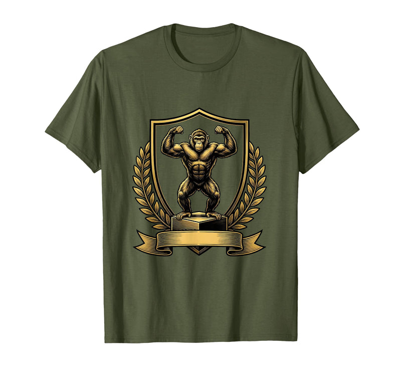 Mademark Monkey Flexing Muscles on Gym Podium T-Shirt - Men - Olive Green