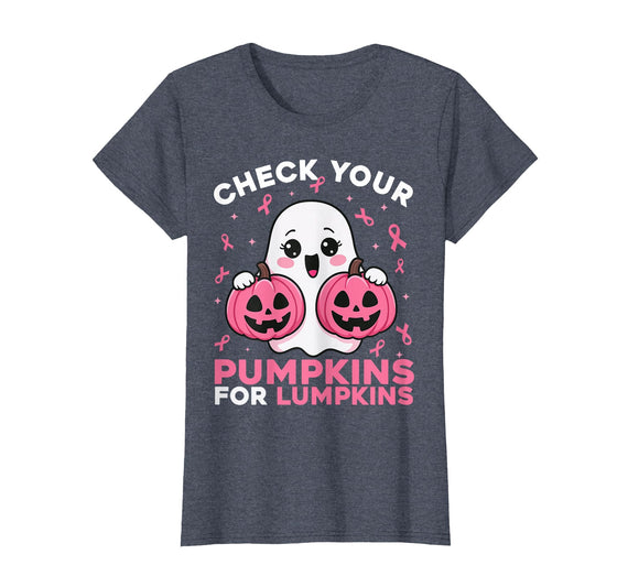 Halloween Breast Cancer Awareness Women Kids Girls Check Your Pumpkins Ghost Breast Cancer Ribbon Halloween T-Shirt -