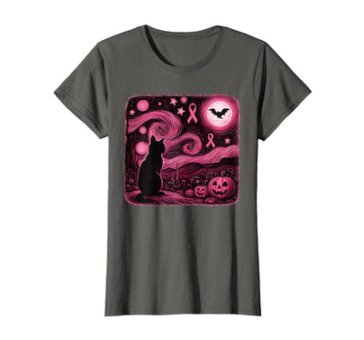 Cat Starry Night Breast Cancer Halloween Art Pink Van Gogh Cat Halloween Breast Cancer Awareness Women T-Shirt