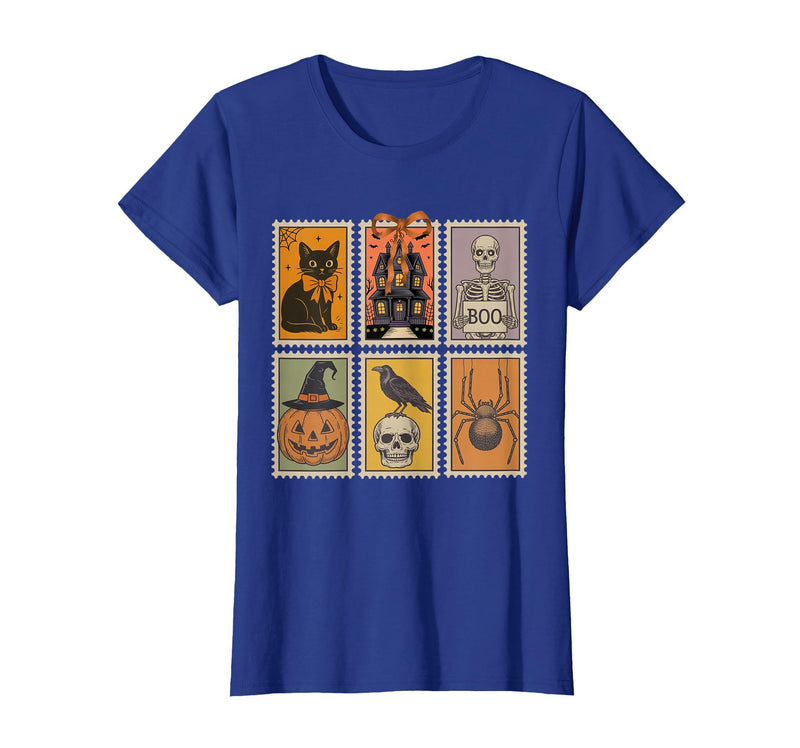 Halloween Stamp Cute Ghost Cute Fall Apparel Vintage Halloween Stamp Cute Ghost Pumpkin Cat Retro Fall T-Shirt - Royal Blue