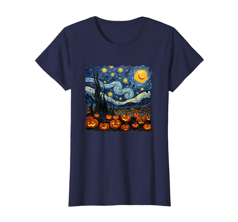 Teacher Halloween by K Halloween Pumpkin Starry Night Van Gogh Funny Art Teacher T-Shirt - Navy Blue