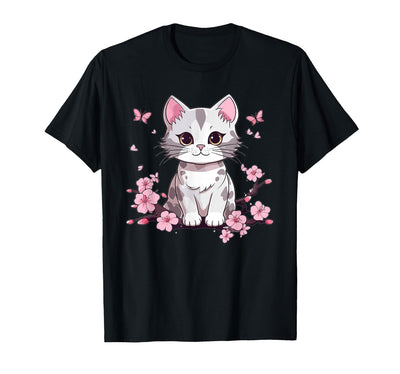 Cartoon Cat I Cute Kitten I Cat Owner Cute Cat with Cherry Blossoms I Kids Cat T-Shirt