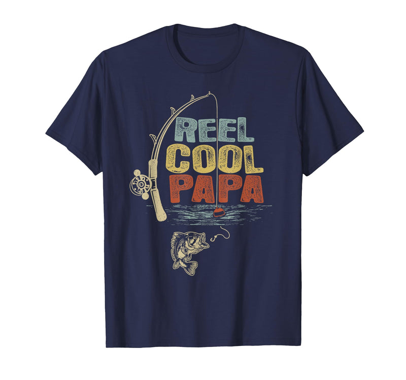 Cool Papa Fathers Day Fishing Gifts Funny Fisherman Vintage Reel Cool Papa T-Shirt - Navy Blue