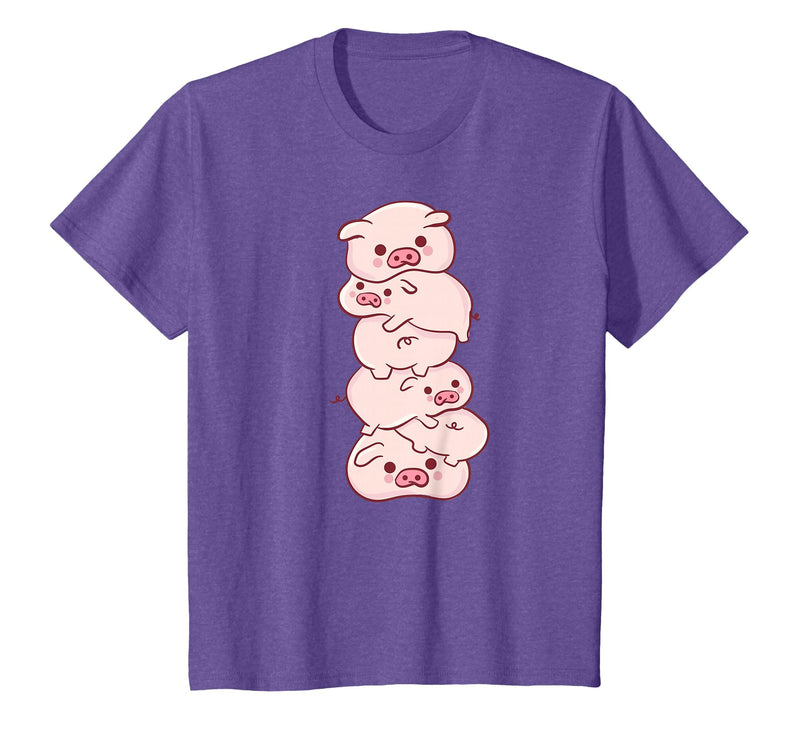 Pink Kawaii & Anime Stuff Pigs On A Pile - Cute Kawaii Anime - Pig Aesthetic Japanese T-Shirt - Purple Heather